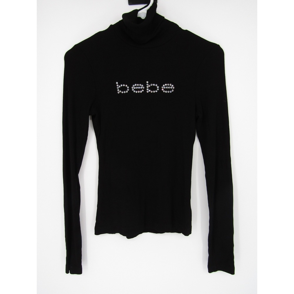 bebe Turtleneck Top Womens Small Black Rhinestone Logo Ribbed Long Sleeve - Picture 2 of 11